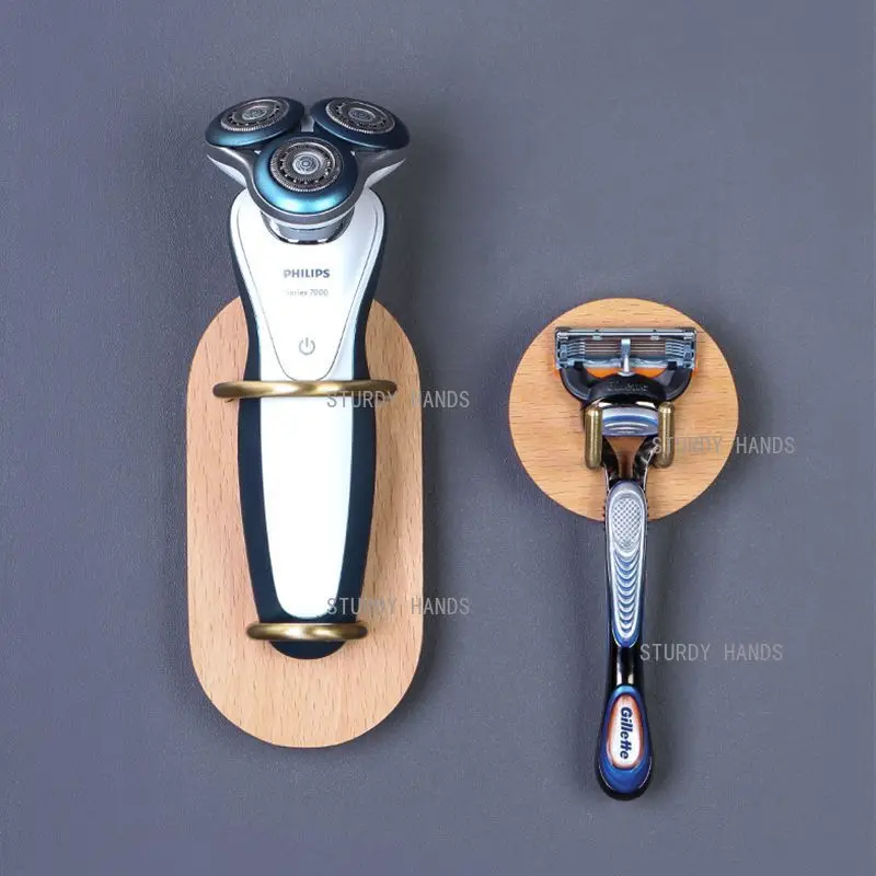 2pcs Wooden+metal Electric Shaver Storage Rack, Bathroom Wall Mounted Shaver Rack, Household Toothpaste Rack, Without Glue