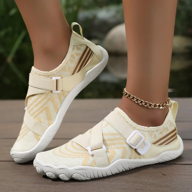 Beige Striped Lightweight Aqua Shoes, Adjustable Strap Non-Slip Barefoot Footwear For Beach Vacation Casual Daily Outfits