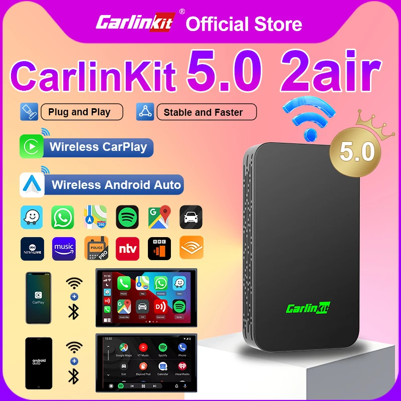 CarlinKit 5.0 Wired to Wireless Android Auto Box Wireless CarPlay Adapter Smart Car Ai Box WiFi Bluetooth Auto Connect Plug&Play