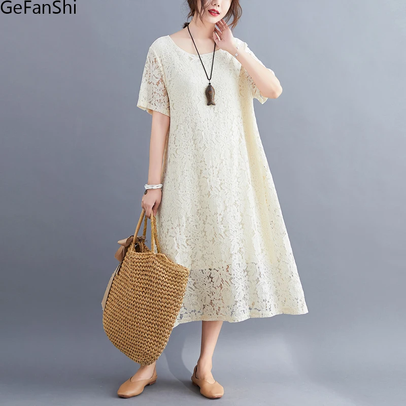 

2025 New Arrival Summer Women's Dress Oversize Vintage Casual Fashion Solid Lace Short Sleeve Office Elegant Ladies Dresses