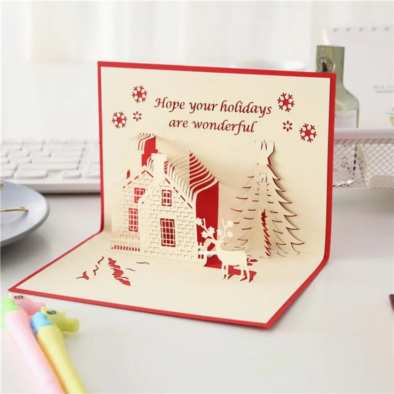 

3D New Year Christmas Card pop up card festival Party Thanksgiving Card Christmas House Blessing Card Postcard Paper-cut Gift