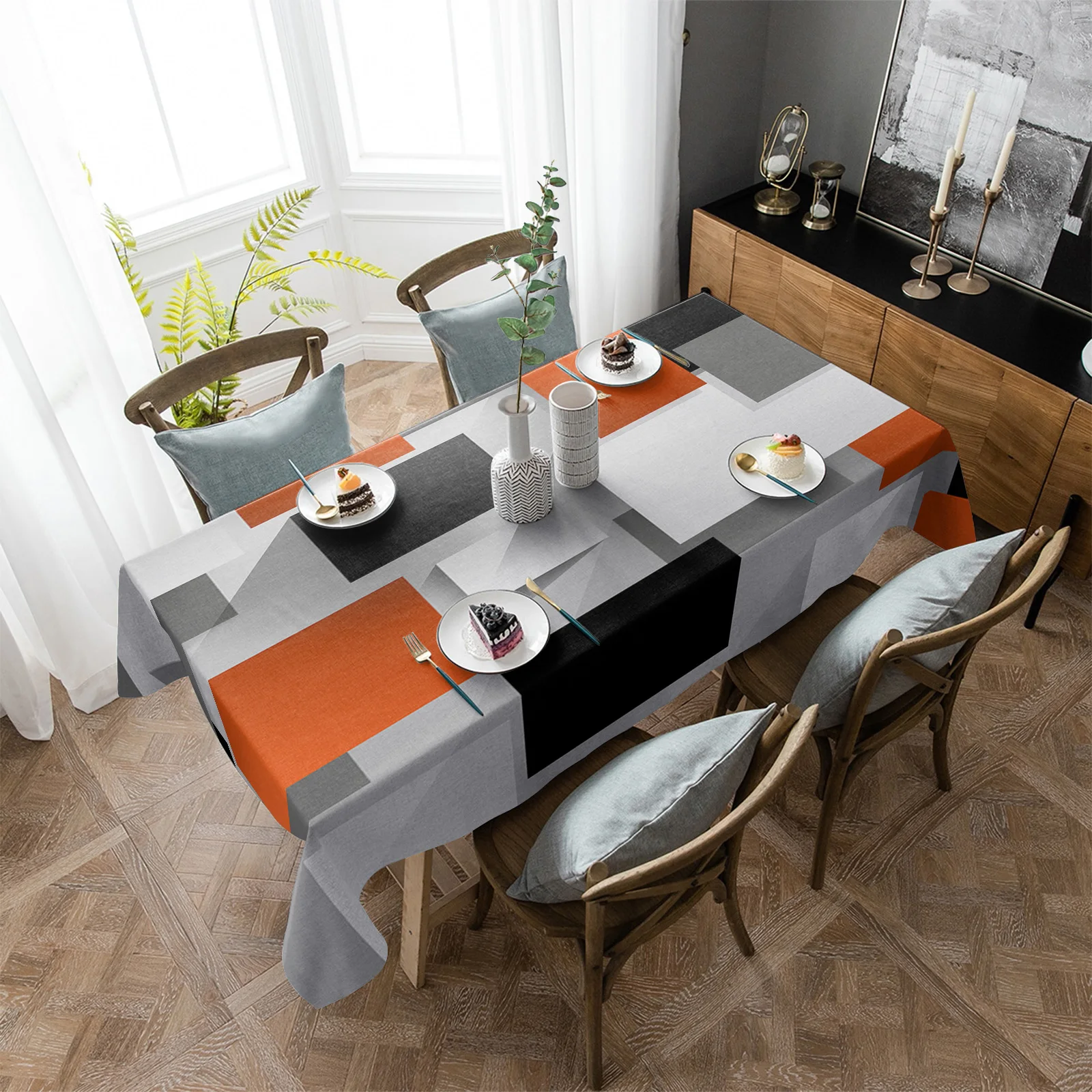 

Оранжевая Водонепроницаемая скатерть в абстрактном стиле с геометрическими фигурами, аксессуары для украшения стола, прямоугольная скатерть для украшения кухонного стола