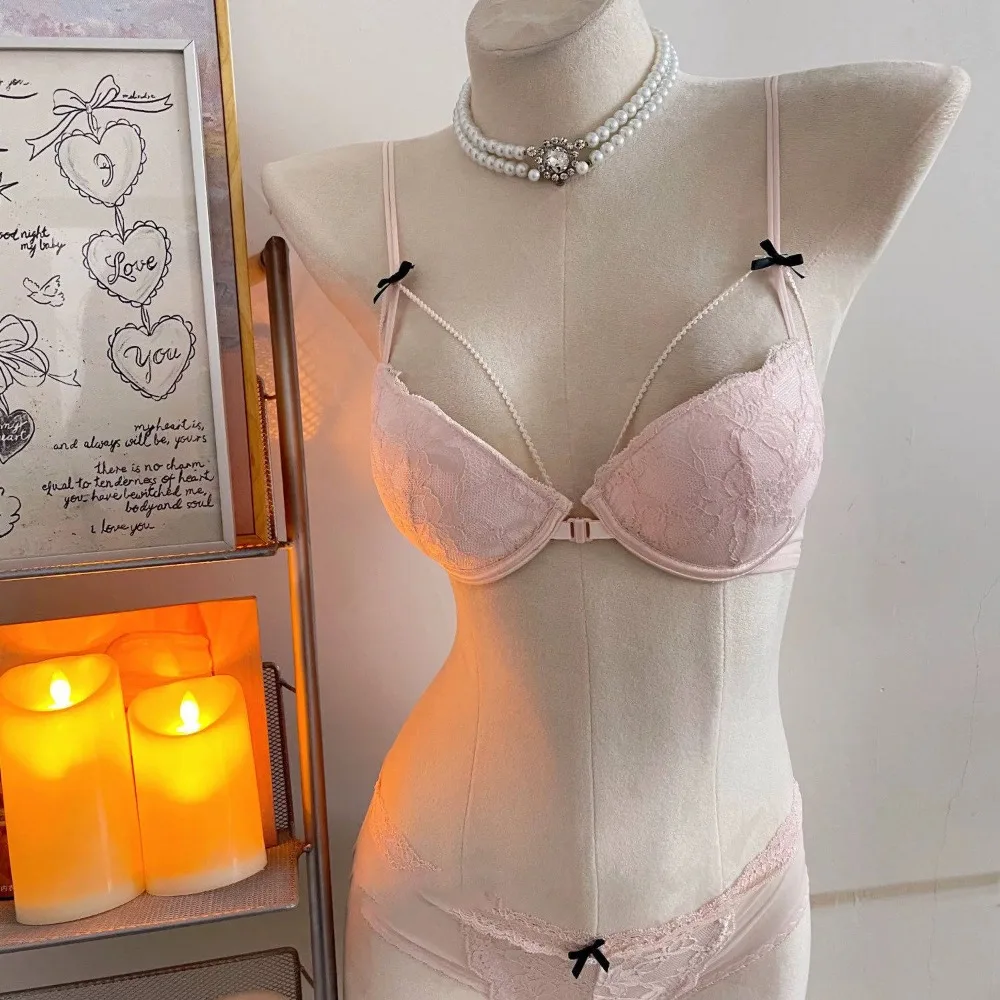 Women Ladies Thin Strap Lace Front Fasten Bra Set Wireless Small Bust Push Up Side Shaping Sexy Back Comfort Brassiere Set S-XL