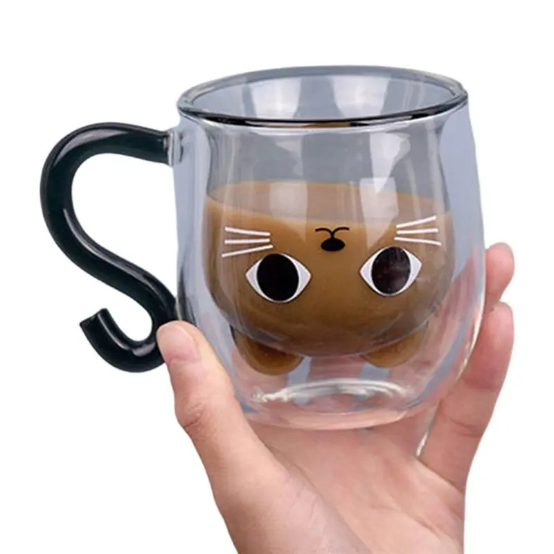 

ABJY-Glass Cup Double Wall 250Ml Transparent Drinkware Home Coffee Mug With Handle Cute Cat Design For Hot/Cold Milk Tea Juice B