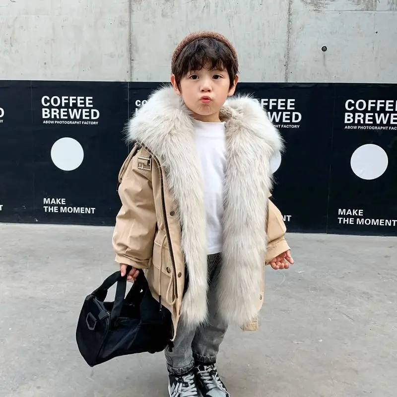 

Children Cotton Clothes Winter Fashion Girls Boys Imitation fur Hooded Thicken Long Jacket Parka Coat Warm Kids Snow Overcoat