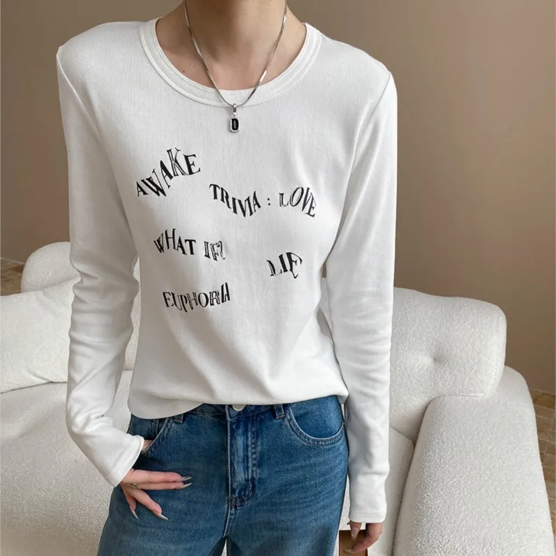 

2025 Spring Autumn Women's Shirts Tops Casual Streetwaer Fashion Letter Printed Round Neck Long Sleeved T-shirt