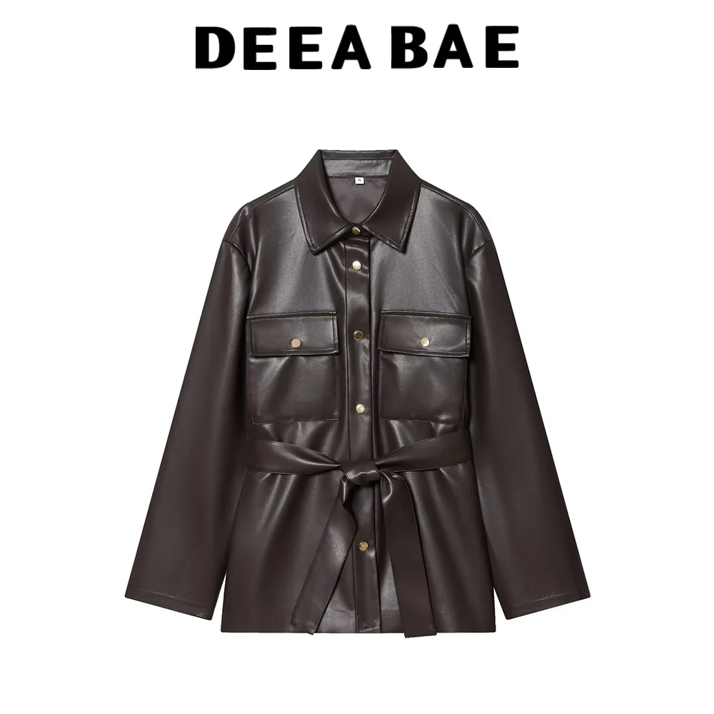 منتج شتوي جديد على الطراز الأوروبي والأمريكي من DEEABAE بياقة نسائية وأكمام طويلة مع حزام سترة جلدية مقلدة #1
