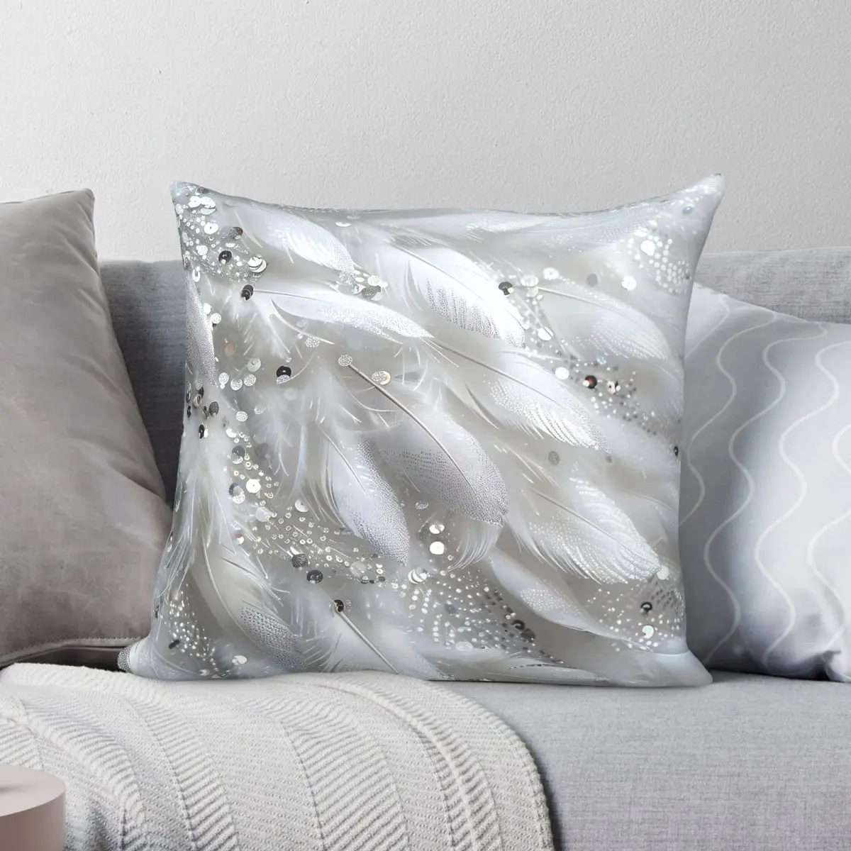 Feather Pearl Arrangement Square Pillowcase Polyester Linen Velvet Pattern Zip Decor Car Cushion Cover