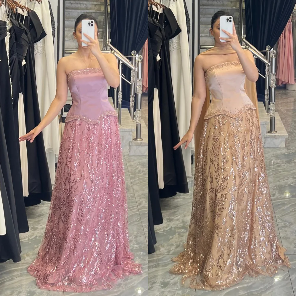 

Customized Chinese Style Charmeuse Pattern Sequined A-line Strapless Long Dresses Bespoke Occasion Fashion