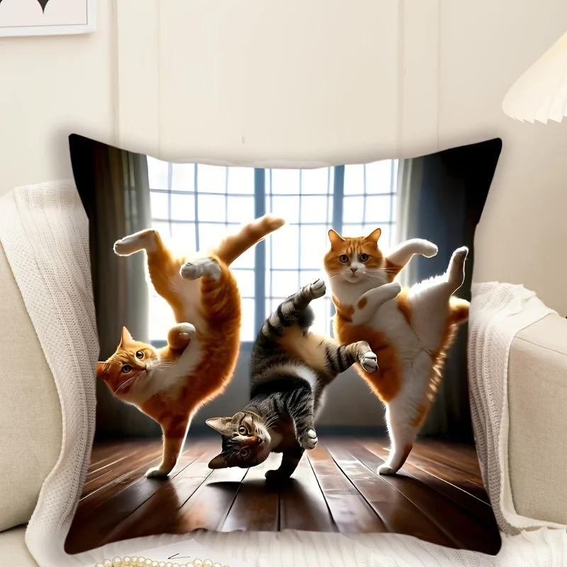 Funny Dancing Cats Pillowcase, Cute Kung Fu Kitty Cushion Cover, Humorous Pet Home Decor for Sofa Bedroom Living Room