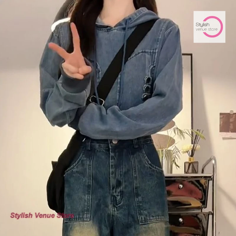 American retro tooling cowboy hooded pullover sweater women's spring and autumn fashion temperament high street short joker top