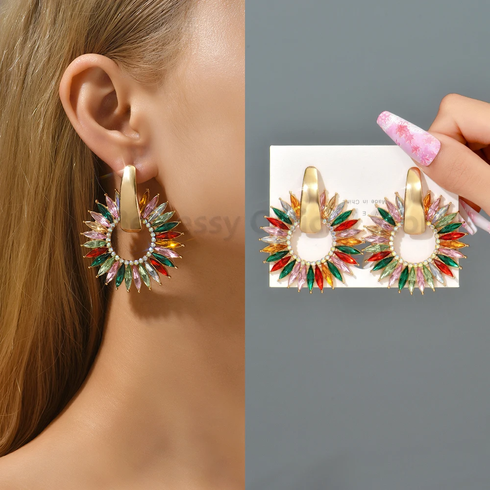 Colorful Series Shiny Rhinestone Big Stud Earrings For Women 2025 Trend Luxury Round Fashion Jewelry Girl Party Accessories Gift