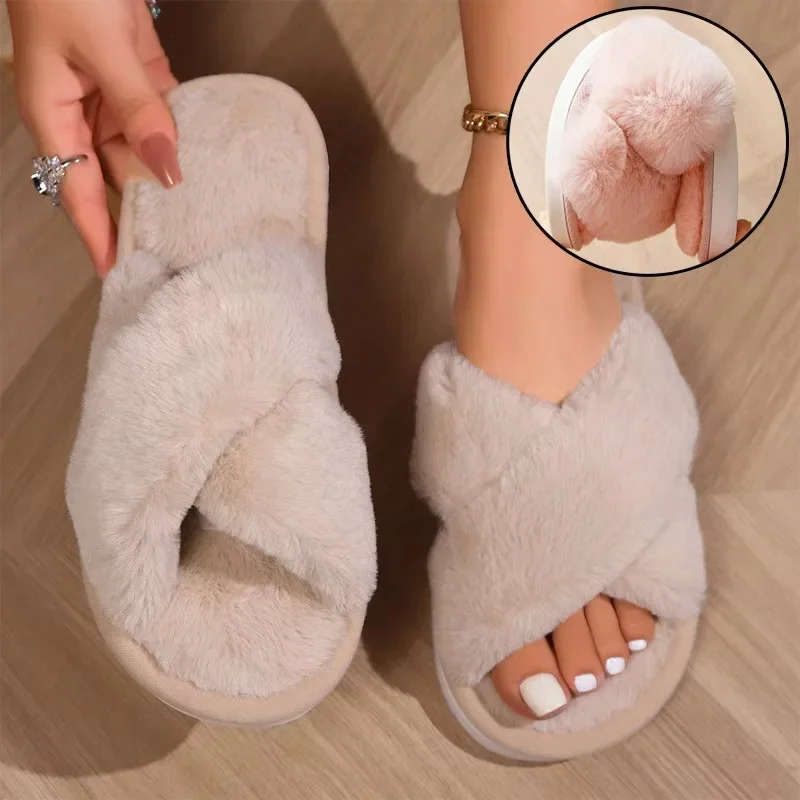 شبشب فرو نسائي عصري بحزام متقاطع - شرائح قطيفة دافئة للاستخدام الداخلي، حذاء منزلي بكعب مسطح من الفرو الصناعي غير قابل للانزلاق (خيار الزوجين)