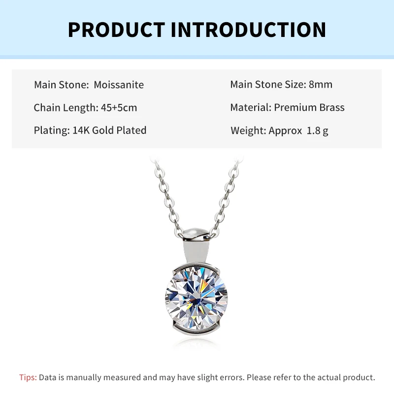  Solitaire VVS1 D-Color Moissanite Pendant Necklace Women 8mm 2CT GRA Certified Lab Created Diamond Necklace Jewelry Gifts