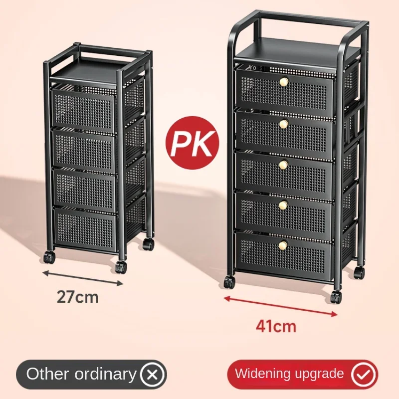 Floor-to-Ceiling Kitchen Trolley with Basket Pull-Out Layered Storage Multi-tier Rack for Kitchen Organization Rolling Cart