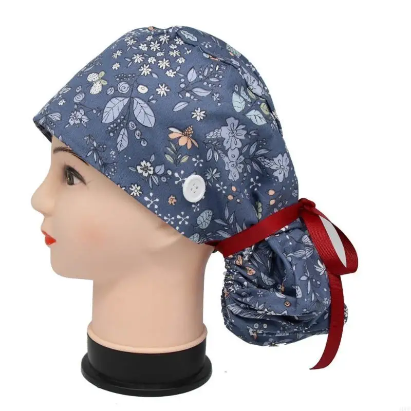 Damska czapka z długimi włosami, regulowana z guzikami z opaską, kwiatowy nadruk, kucyk, wiązanie z tyłu, bawełniany kapelusz