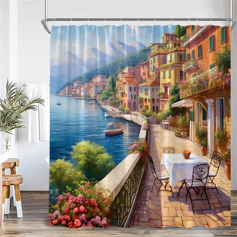 Seaside Town Shower Curtain Blue Ocean Floral Mountain Italian Architectural Scenery Bath Curtains Polyester Home Bathroom Decor