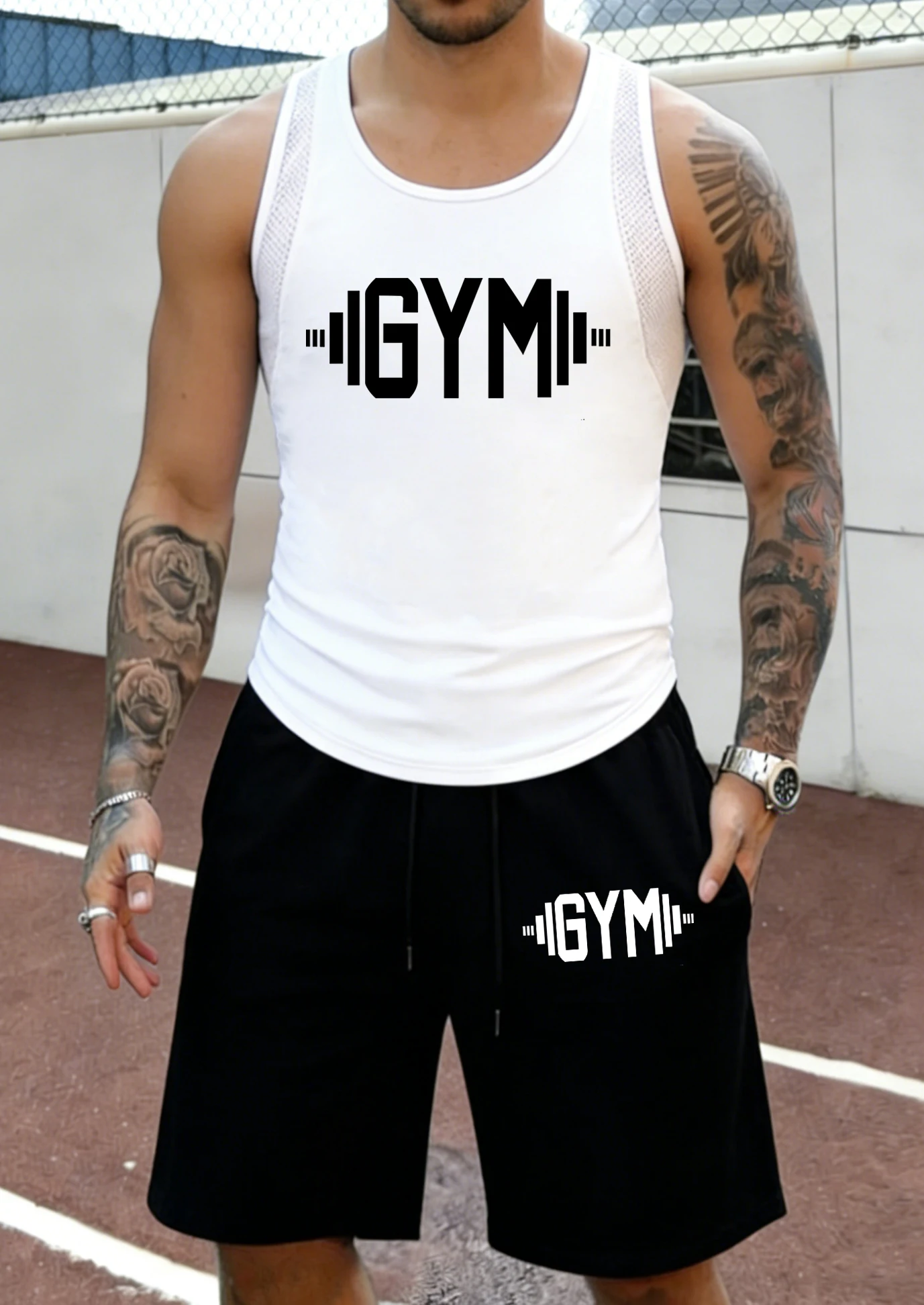 

Gym Letter Creative Barbell Printing Summer Mesh Sport Vest & Shorts Suit Men Cool Beach Pants Breathable Fashion Sleeveless Tee