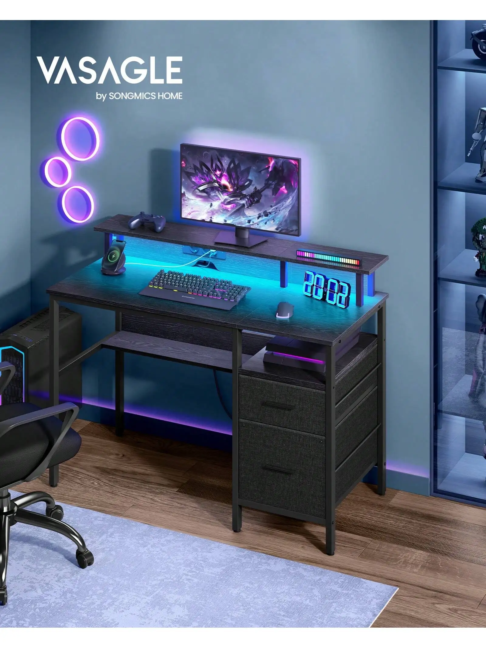 VASAGLE escritorio esquinero: Cajones de tela, luces LED, tomas de corriente. Estante para Monitor, 2 cajones, 2 puertos USB Oficina en casa Negro ébano