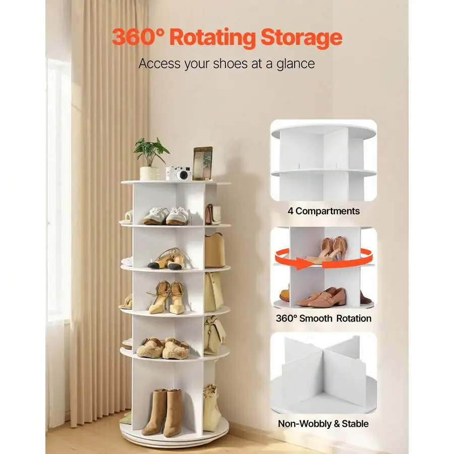 5 Tiers Rotating Shoe Rack Tower, 360° Spinning Shoe Rack, Revolving Storage Round Carousel Display, Freestanding Lazy Susan Org