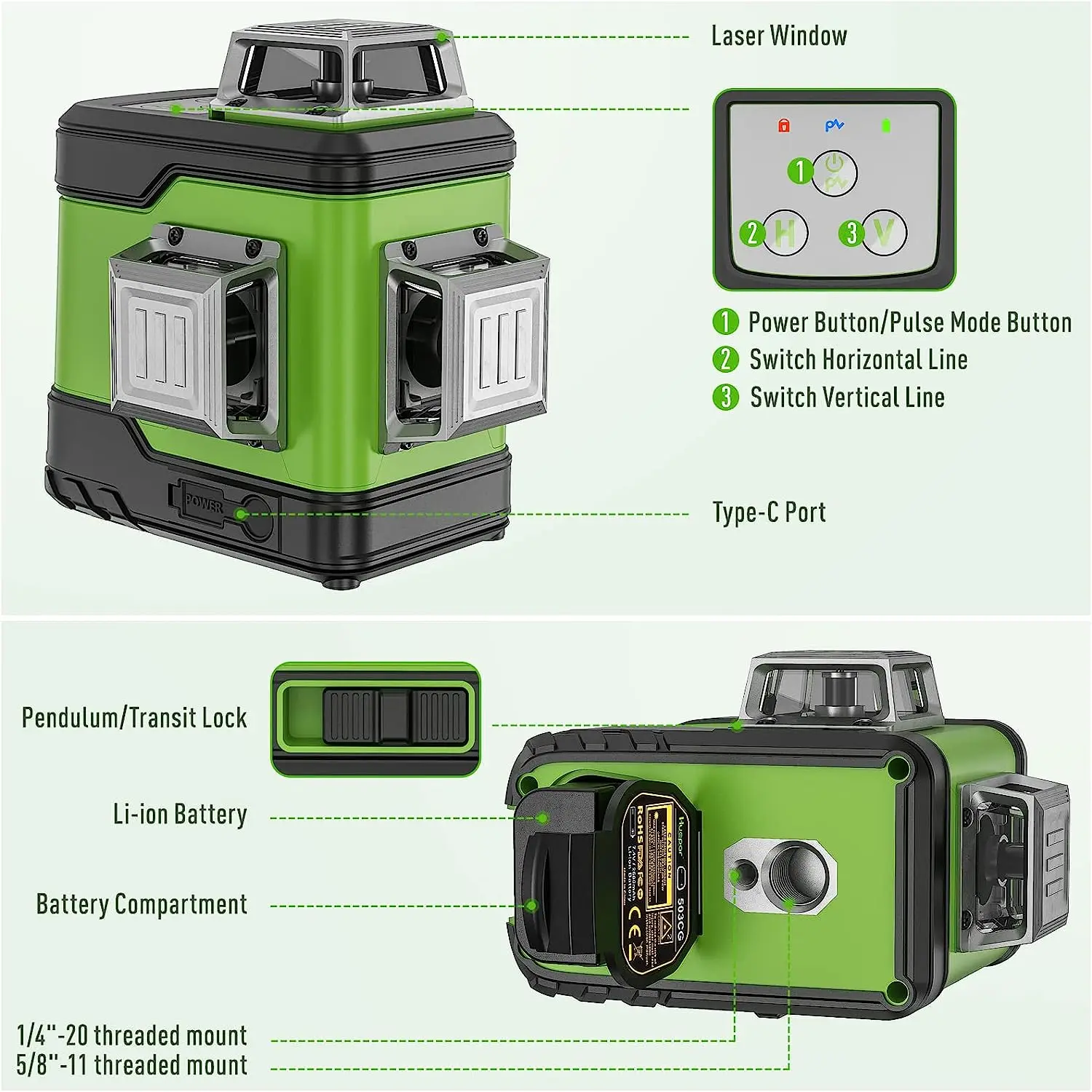 Huepar 3D Cross Line Self-Leveling Laser Level 3 x 360° Green Beam Three-Plane Leveling Laser Tool with 2pcs Li-ion Batteries