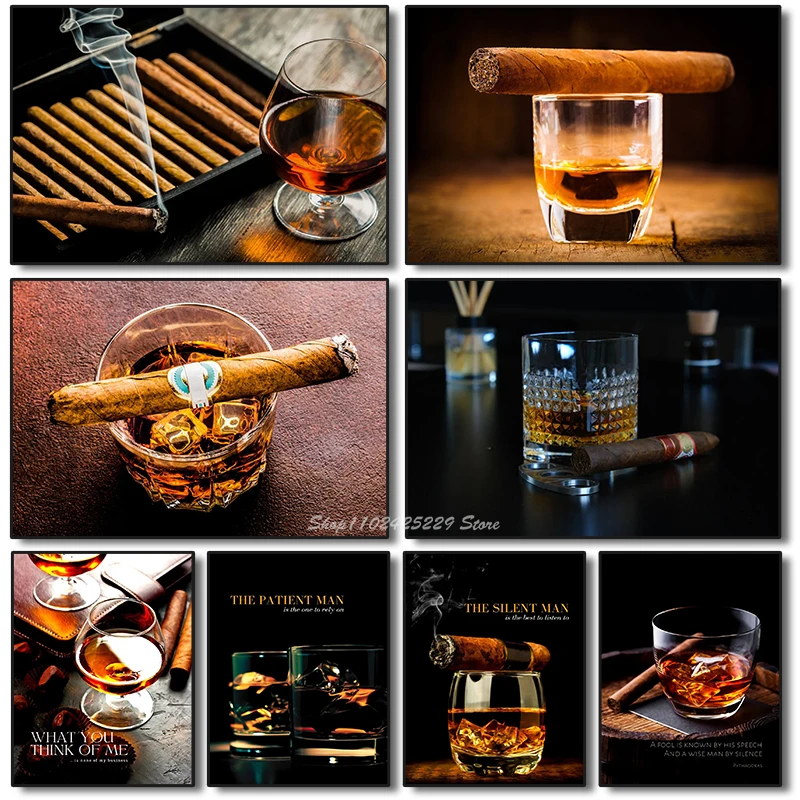 Modern Cigar and Whisky Red Wine Poster Canvas Print Painting Modern Fashion Bar Restaurant Wall Art Decoration Painting