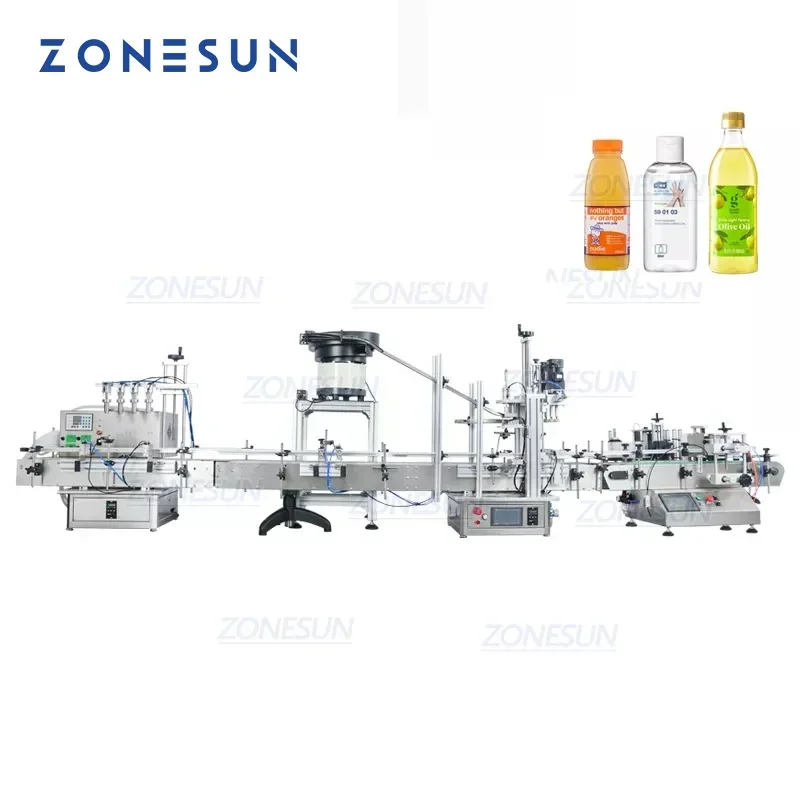 Zonesun desktop totalmente automático 4 bocal tinta gel líquido redondo pet garrafa enchimento tampando máquina de rotulagem linha com tampa alimentador