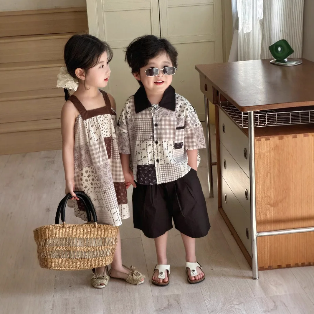 Children's Suit 25 Summer Boys and Girls Korean Cotton  A-shaped Dress Children's Short-sleeved Overalls Two-piece Set