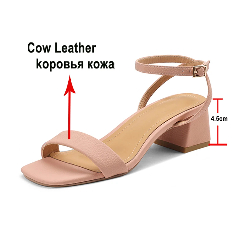 Meotina Women Genuine Leather Ankle Strap Sandals Square Toe Block Mid Heels Buckle Ladies Fashion Shoes Summer Yellow Pink 43