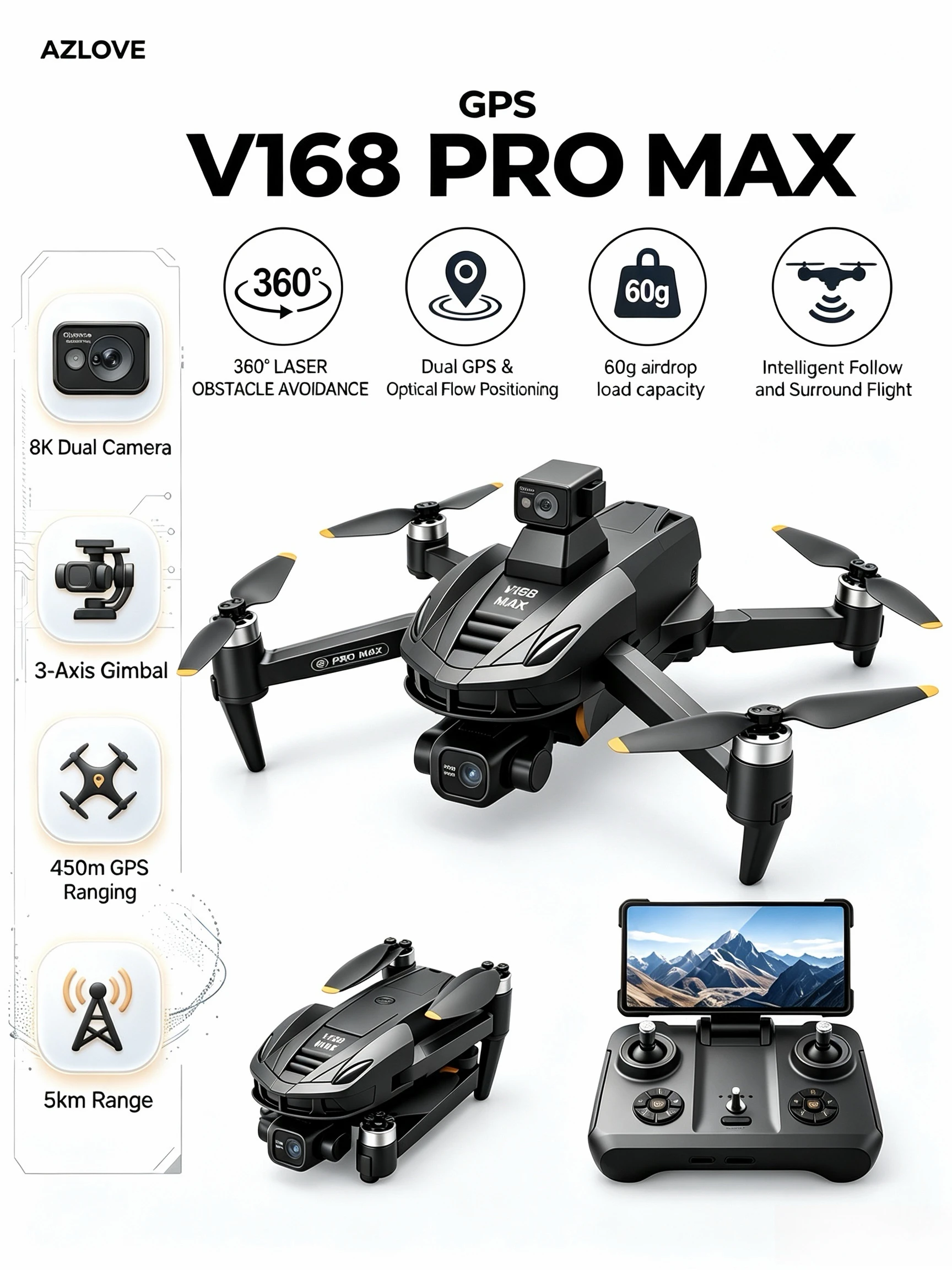 V168 PRO MAX GPS Drone 5G Screen Remote Control Gimbal HD Dual Cameras 360°Obstacle Avoidance Brushless Foldable Quadcopter Toys
