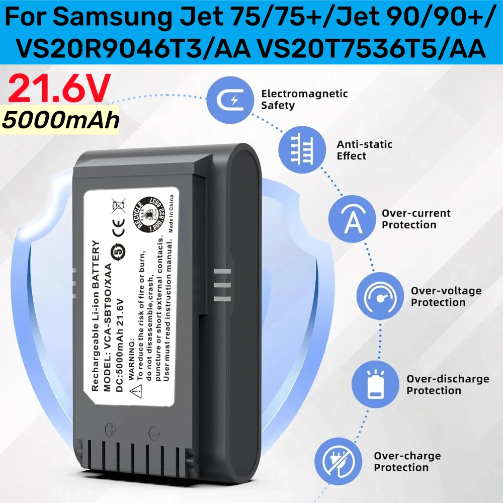 

21.6V 5000mAh Replacement Battery for Samsung Vs9000 Jet90 Jet75 Jet90E VCA-SBT90 Cordless Handheld Vacuum Cleaner Battery
