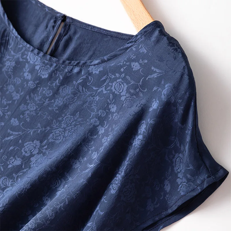 Camicetta di seta da donna 100% seta di gelso Jacquard Navy girocollo con maniche a balze t-Shirt JN676