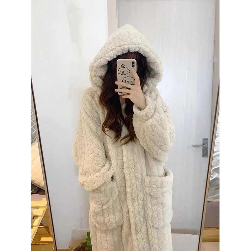 Hooded Robe for Women Sleepwear Nightdress Winter Night Wears Warm Fleece Pajama One Piece Nightgown Pocket Long Sleeve Homewear