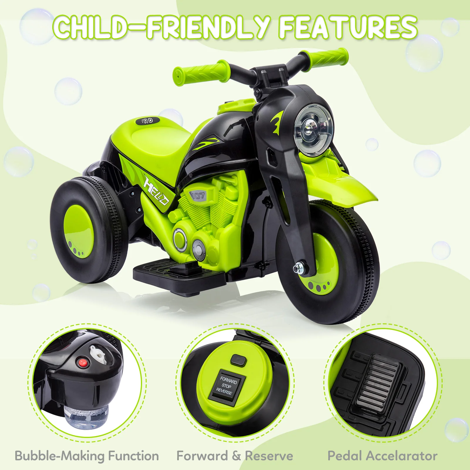 three-wheel kids electric motorbike with bubble machine