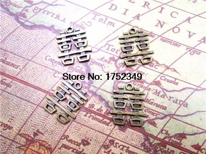 

60pcs--Antique Bronze Chinese Character Double Happiness Wedding Decoration Charms Pendant 21x24mm