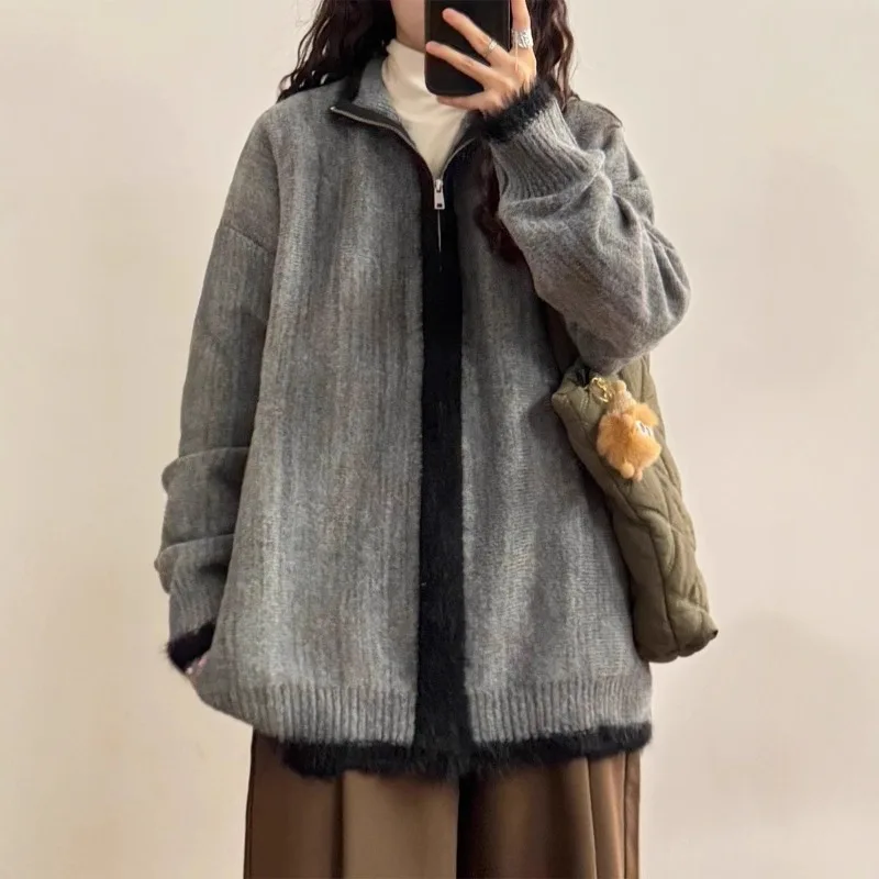 الأمريكية الرجعية المتخصصة سستة تصميم المتناقضة اللون سترة متماسكة سترة سترة الرجال والنساء الخريف أزياء العلامة التجارية الأعلى #1