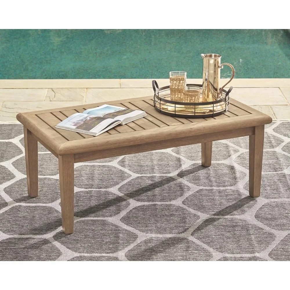 Signature Design by Ashley Gerianne Outdoor Rectangular Eucalyptus Wood Slat Top Coffee Table, Beige Outdoor Tables