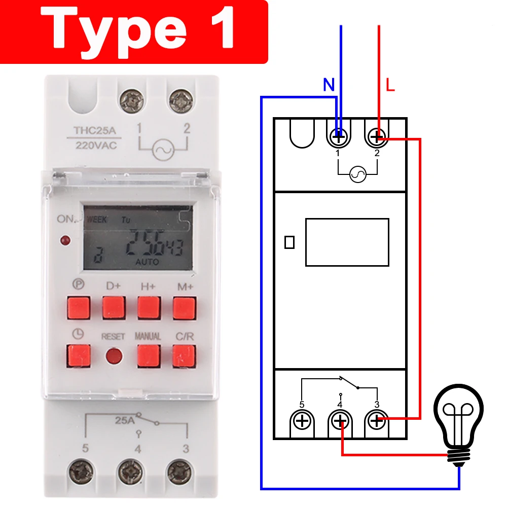 Red Time Switch Power Weekly Programme Electronic Timer Switch Digital Timer 220V 110V 12V 24V Din Rail Mount 35mm 25A