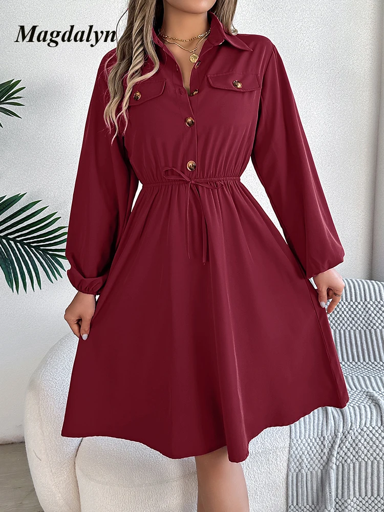 Magdalyn Women Soild Chiffon Dresses Casual Lapel Collar Long Sleeve Midi Dresses Fasion Lace Up Hight Waist Buttons Shirt Dress