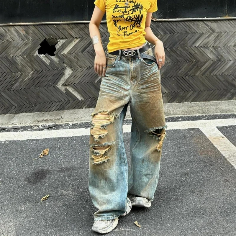 

Women's Vintage Yellow Mud Dyed Hole Jeans Street Cool Girl High Waist Wide Leg Pants Female Casual Straight Denim Trousers