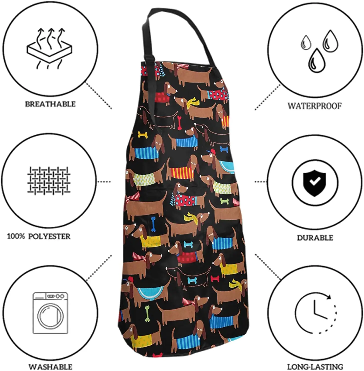 Cute Dachshunds Apron Funny Waterproof Kitchen Aprons with 2 Pockets