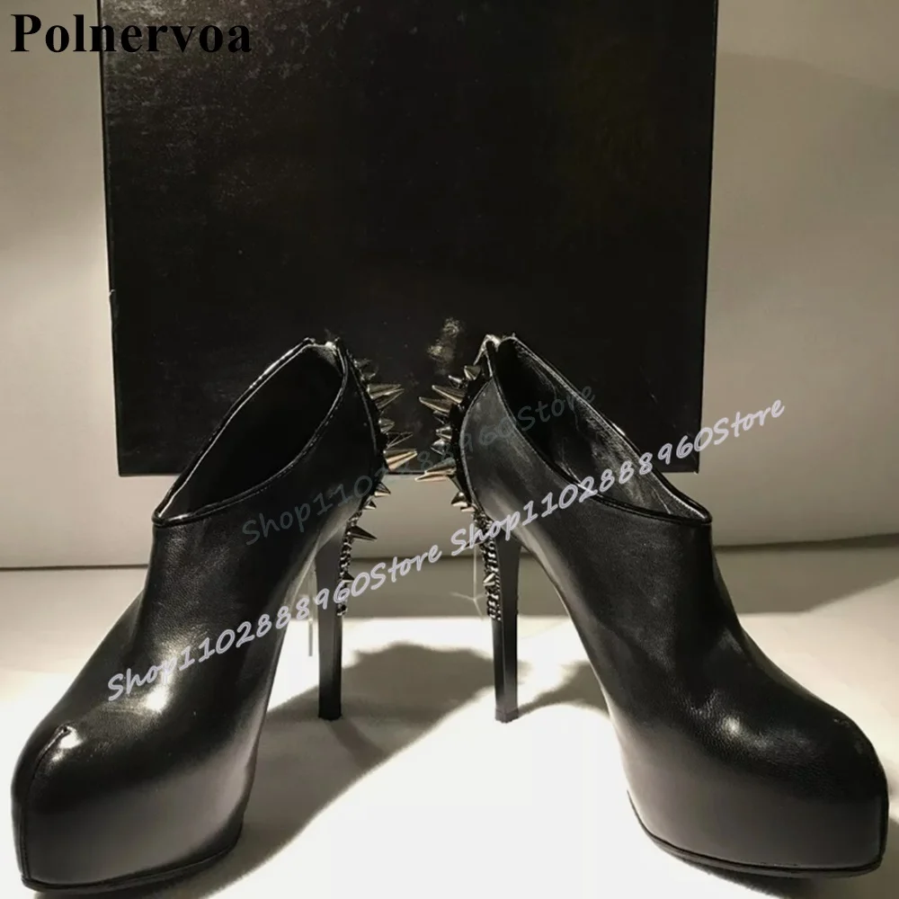 

Black Leather Rivets Crystal Splicing Pumps Stilettos High Heel Shoes For Women Back Zipper Pointed Toe Casual Banquet Pumps