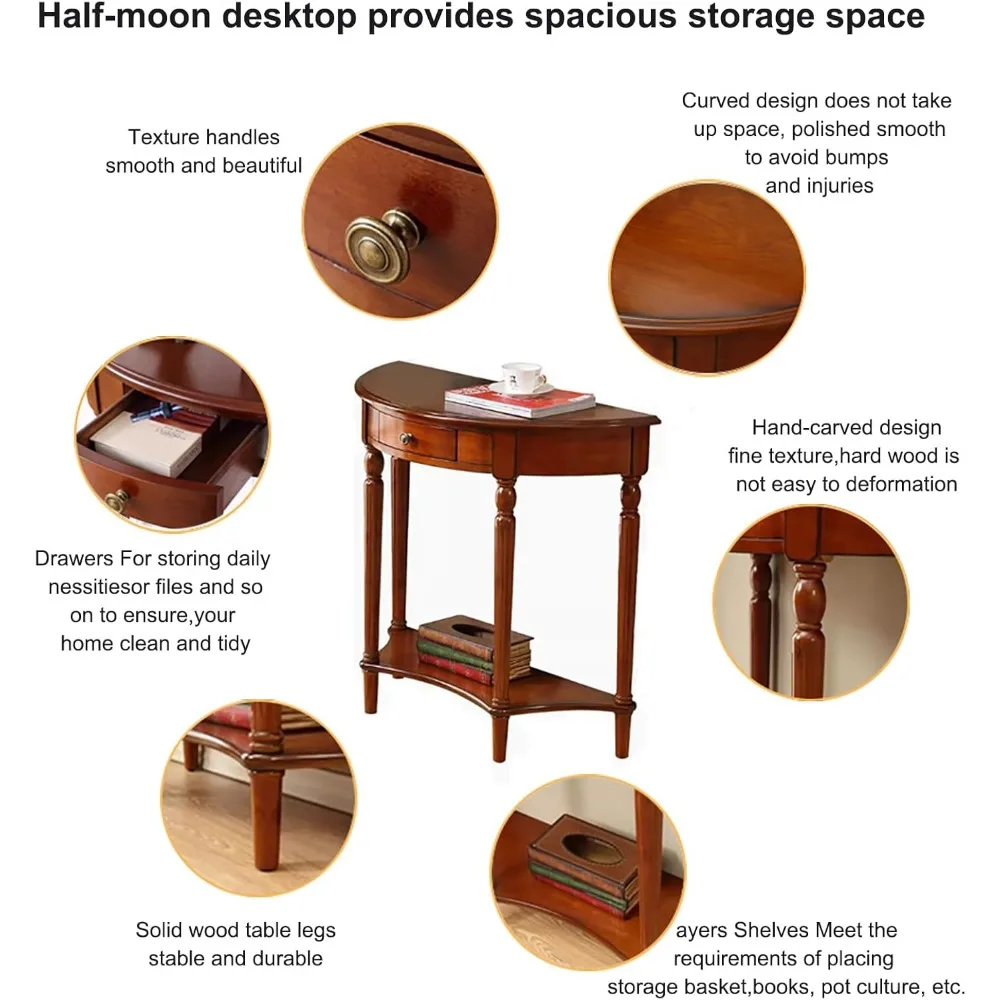 طاولة كونسول من الخشب الصلب مع درج، رف تخزين مدخل شبه دائري، طاولة دخول عتيقة مع رف سفلي مفتوح، نصف دائرة #4