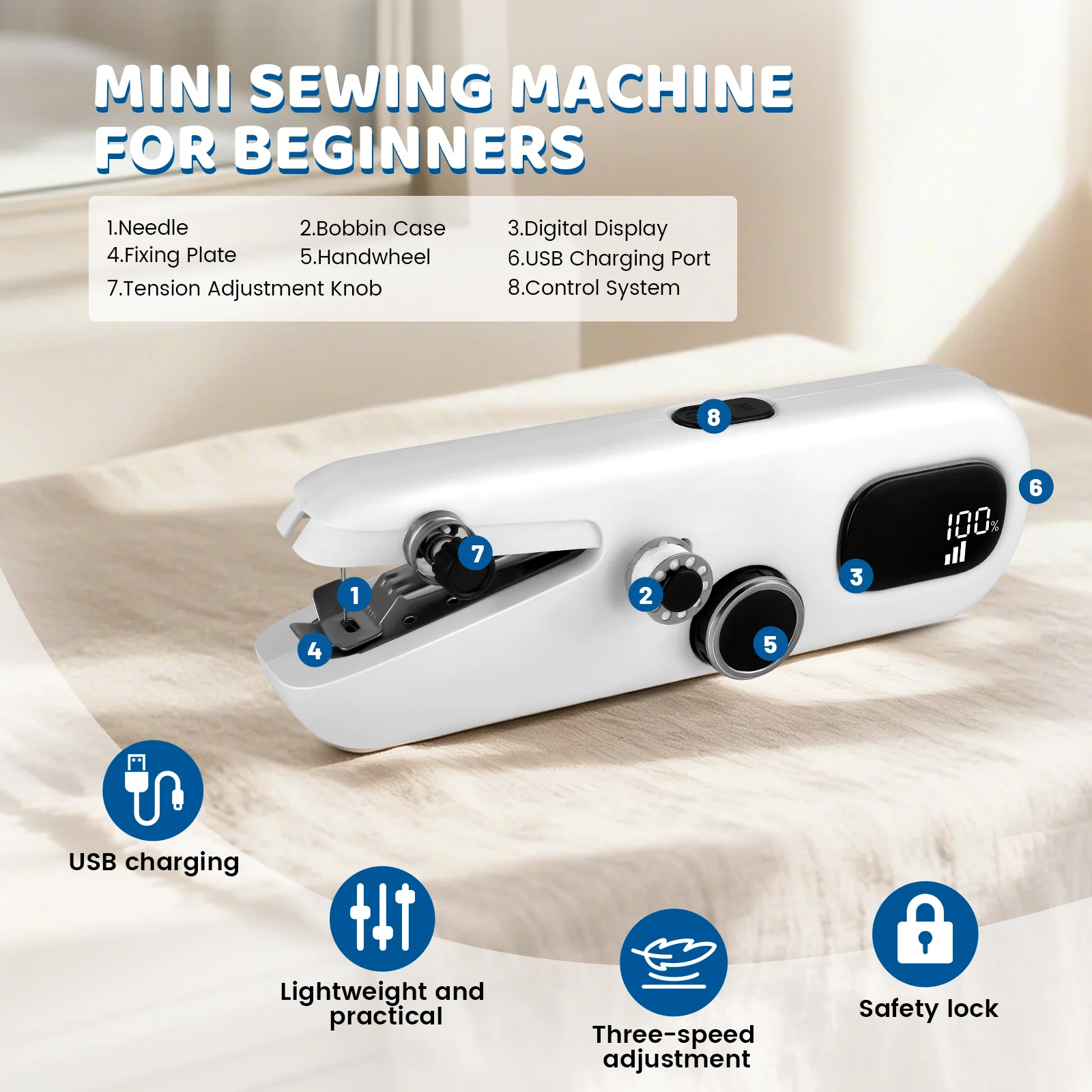 Electric Mini Handheld Sewing Machine 3 Speeds With LED Display Suitable For DIY Garments Curtains For Beginners Rechargeable