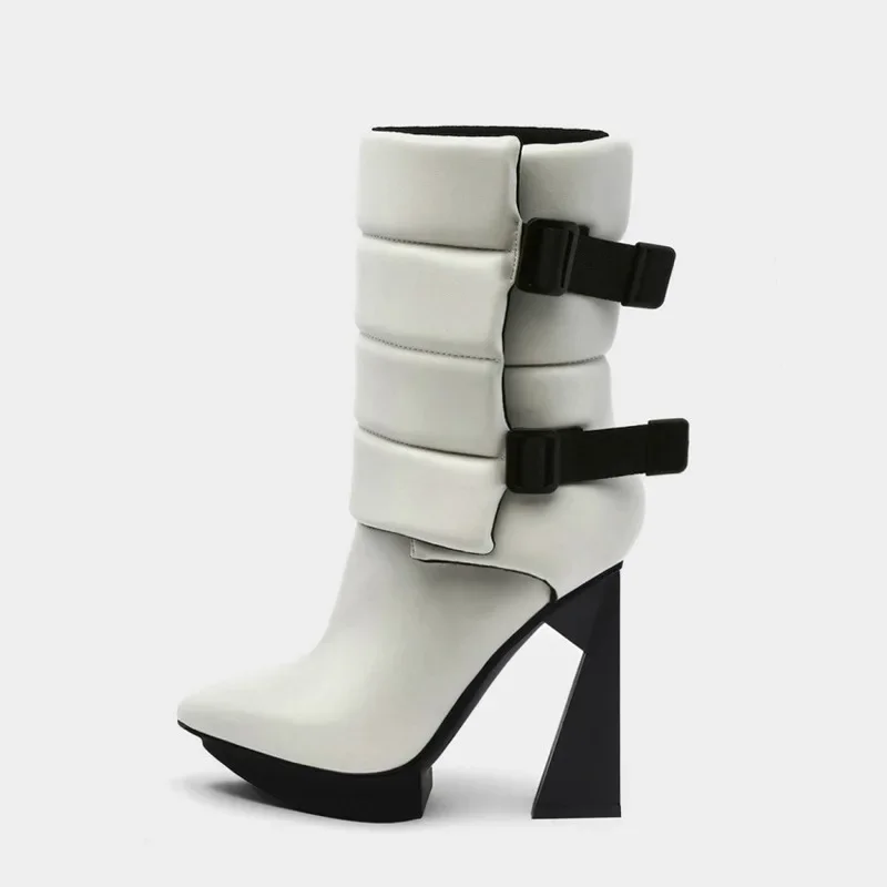 Fashion Platform Strange Heels Embossed Ankle Boots White Gold Black Leather Pointed Toe Geomatric Heel Women Stage Rock Booties