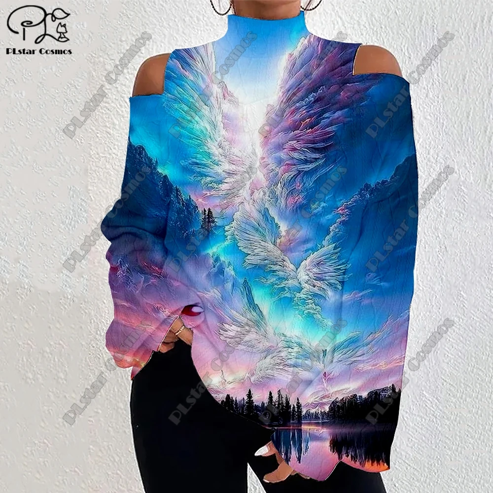 3D printing animal series dragon and phoenix pattern women's lantern sleeves off-shoulder texture casual long sleeves  F-3