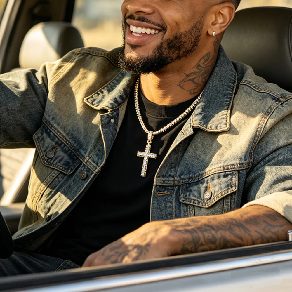 New hip-hop pendant with rope chain suitable for men and women to wear, dual color cross pendant, tennis chain necklace jewelry