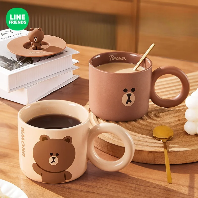 380ml Brown Mug with Lid Large Capacity Ceramic Cup Line Friends Home Breakfast Milk Coffee Cup Afternoon Tea Cup Christmas Gift