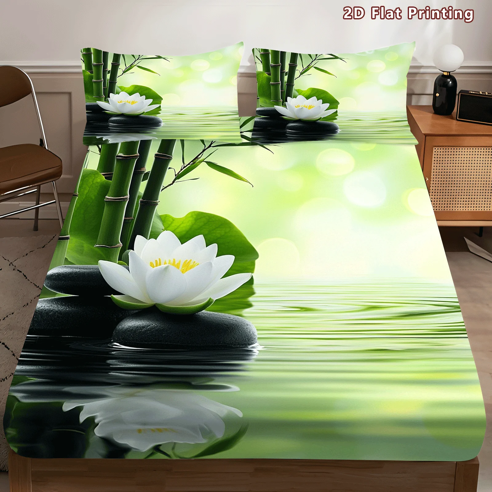 3-Piece Mattress Protector Set, 2D Flat Printed Fitted Sheet, Lotus Print Fitted Sheet Set, Natural Theme, Breathable Polyester Material, Home Bedroom Decoration, Holiday-Themed Fitted Sheet and Pillowcase, Mattress Protector Cover, Stain-Resistant, Mattress Protector Cover Suitable for All Seasons, Machine Washable, Easy to Care For, Suitable for Home Bedroom Use, Essential for Dormitories and Rentals, Master Bedroom and Guest Room Decoration, Dust-Proof and Stain-Resistant, High Elasticity, Fits Various Sizes