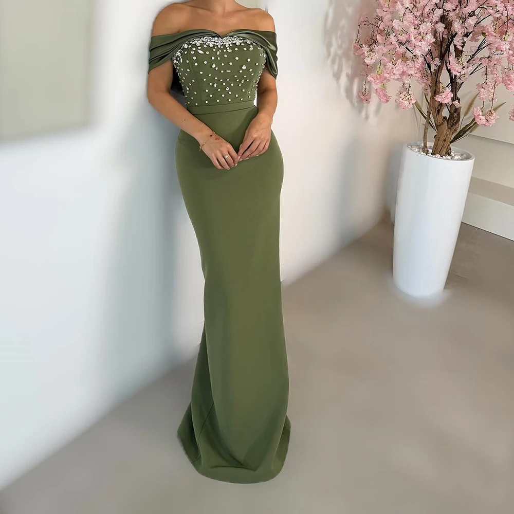 

Customized Straight Evening Dresses Floor-length Off The Shoulder Sleeveless Prom Gown Fashion Crystal Pleat Backless Party Gown